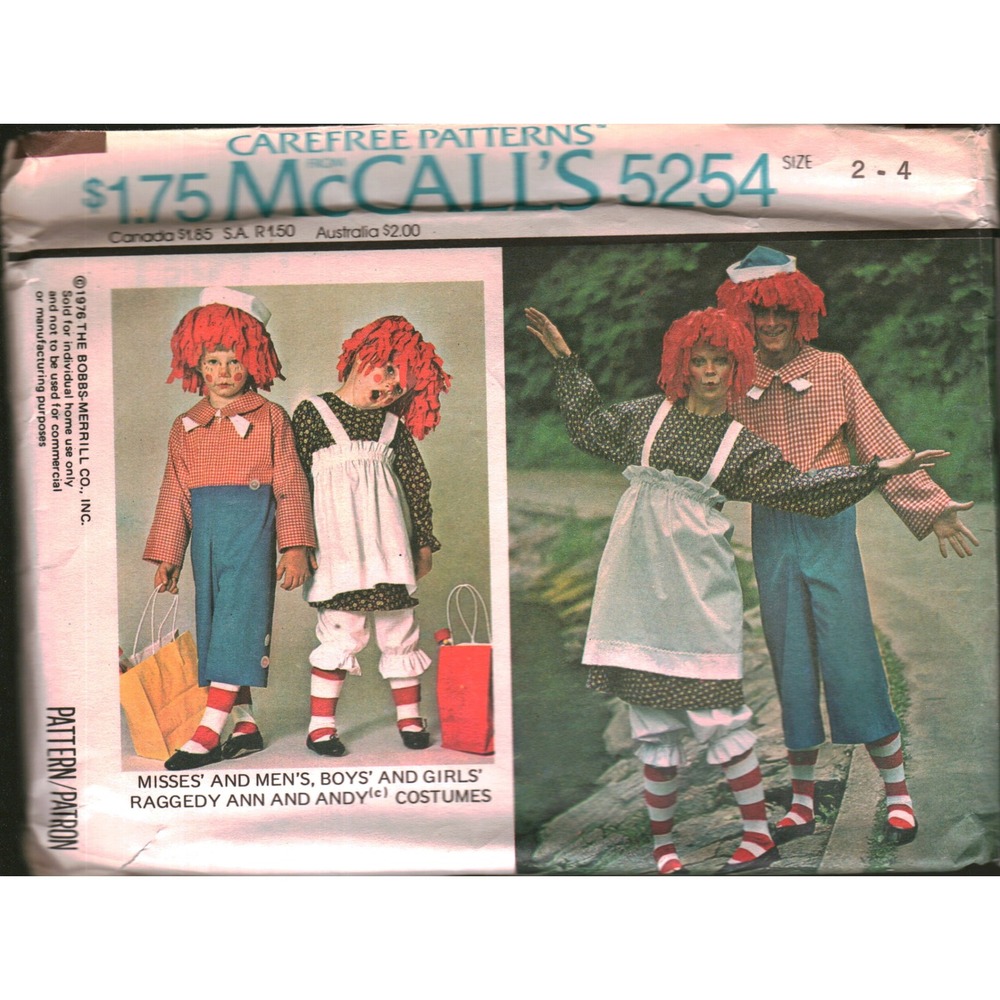 Vintage 1976 McCall's 5254 Raggedy Ann Andy Costume Sewing Pattern Size 2-4 Kids